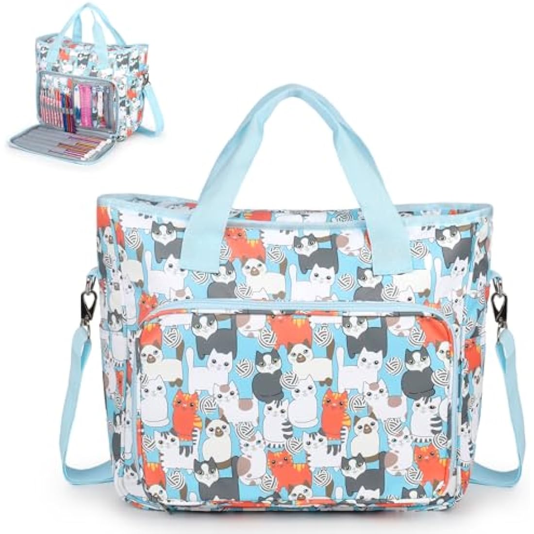 Aeelkie Knitting Bag - Large Yarn Storage Tote with Compartments, Blue Cat