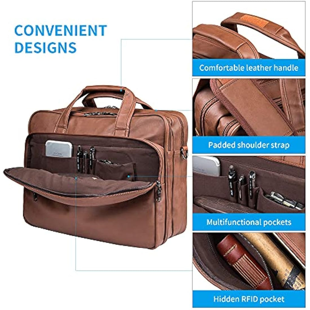 Seyfocnia Brown Leather Laptop Bag | 15.6 Inch Business Messenger Briefcase