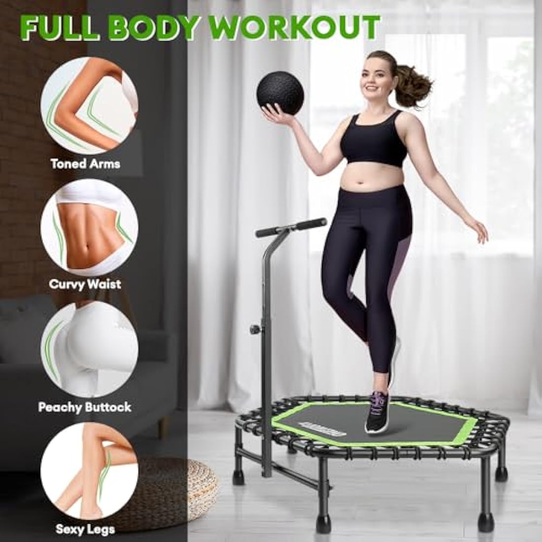 ONETWOFIT Silent Fitness Trampoline | 45" Bungee Rebounder with Handle