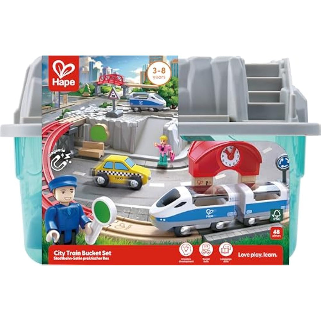 Hape City Railway Wooden Train Set with Storage Box - Ages 3 and Up
