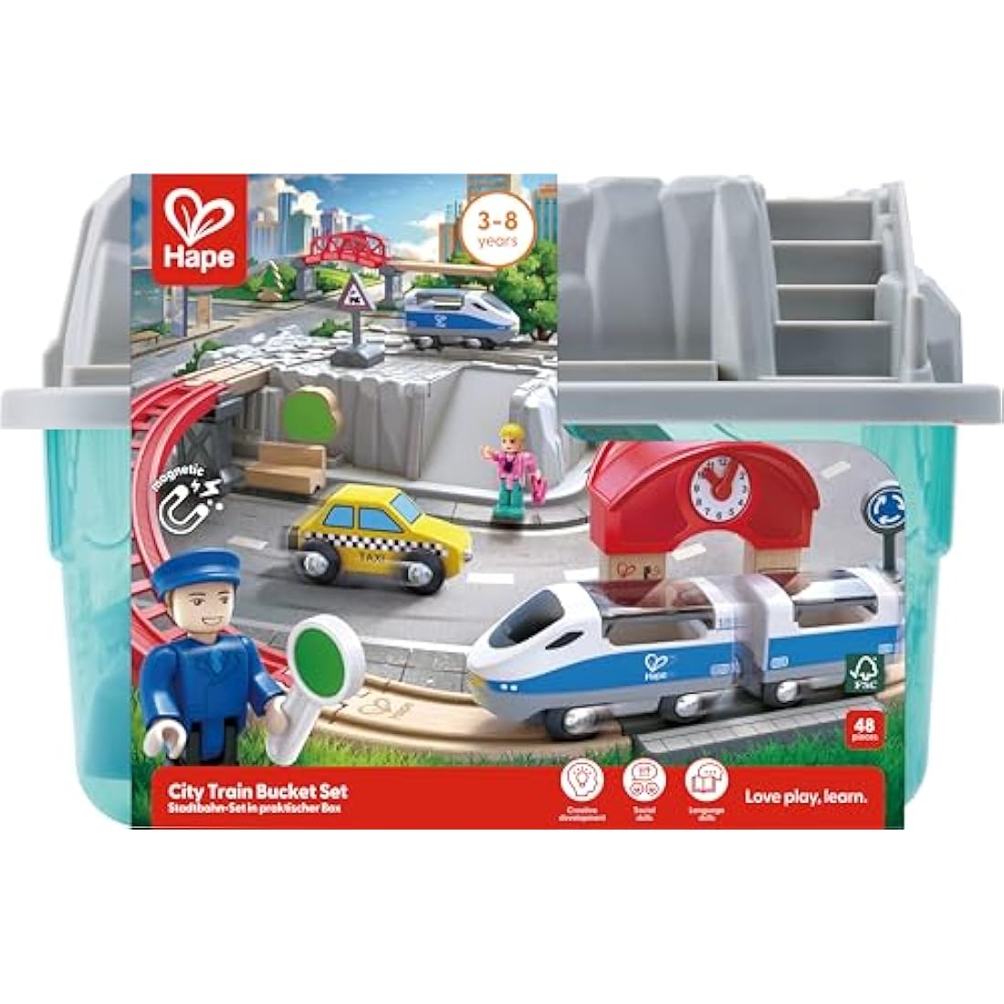 Hape City Railway Wooden Train Set with Storage Box - Ages 3 and Up