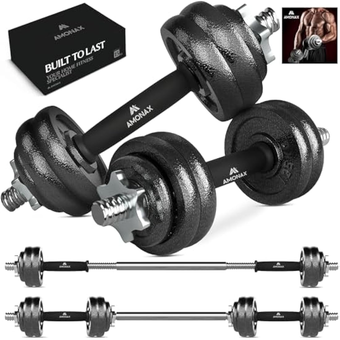 Amonax Cast Iron Adjustable Dumbbells & Barbell Set - 20kg/30kg