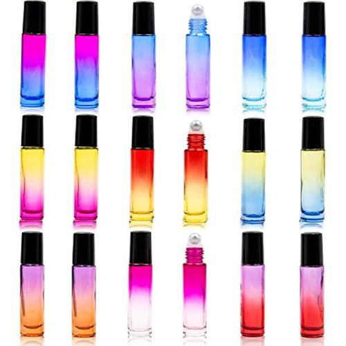 18 Pack Rainbow Glass Essential Oil Roller Bottles, 10ml