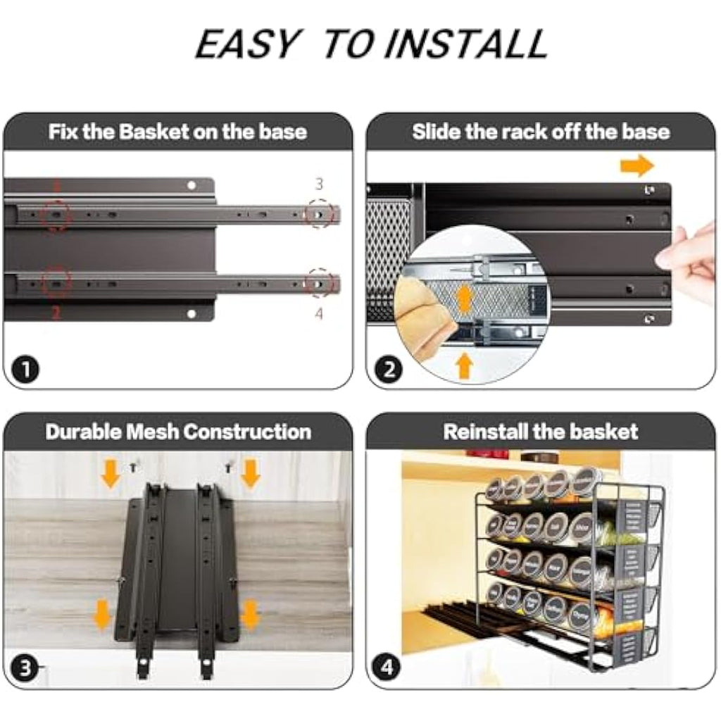 4-Tier Pull Out Spice Rack Organiser | Left Facing Carbon Steel