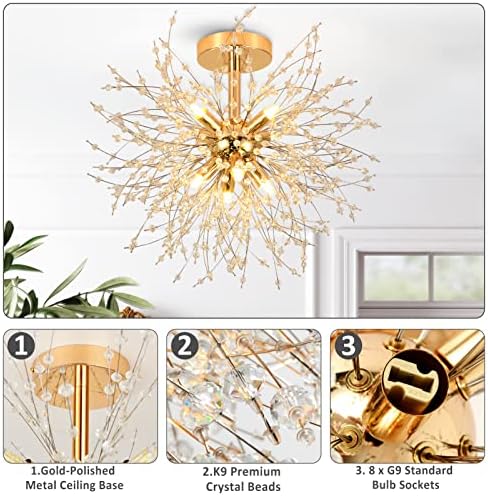 Rayofly Modern Firework Crystal Chandelier – Gold 8-Light Ceiling Fixture