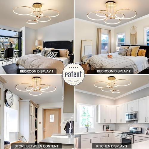YYUTLUO Modern LED Ceiling Light – 108W Gold 5-Ring Dimmable Chandelier