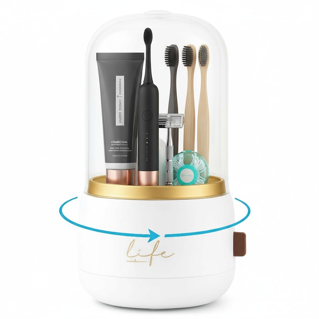 Rotating Toothbrush Holder – 7 Slot Waterproof Sliding Lid
