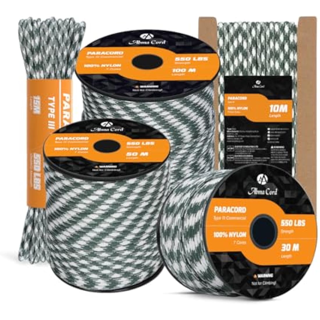 Abma Cord 550 Paracord – 100m Nylon Type III 7 Strand Rope, Shamrock Frost