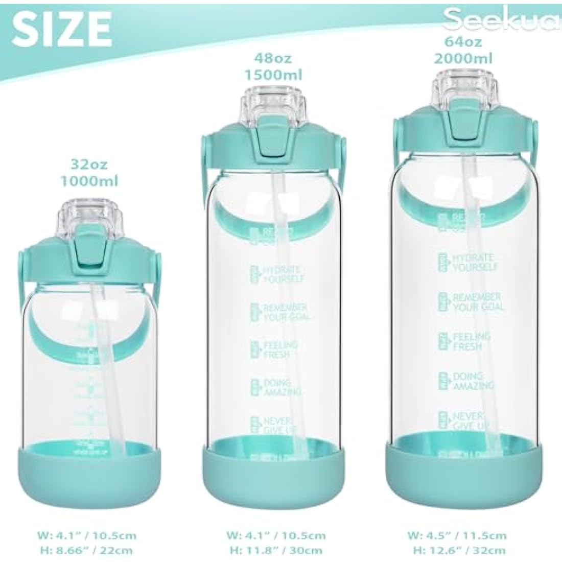 Seekua 2L Glass Water Bottle with Straw - Motivational Gym Bottle