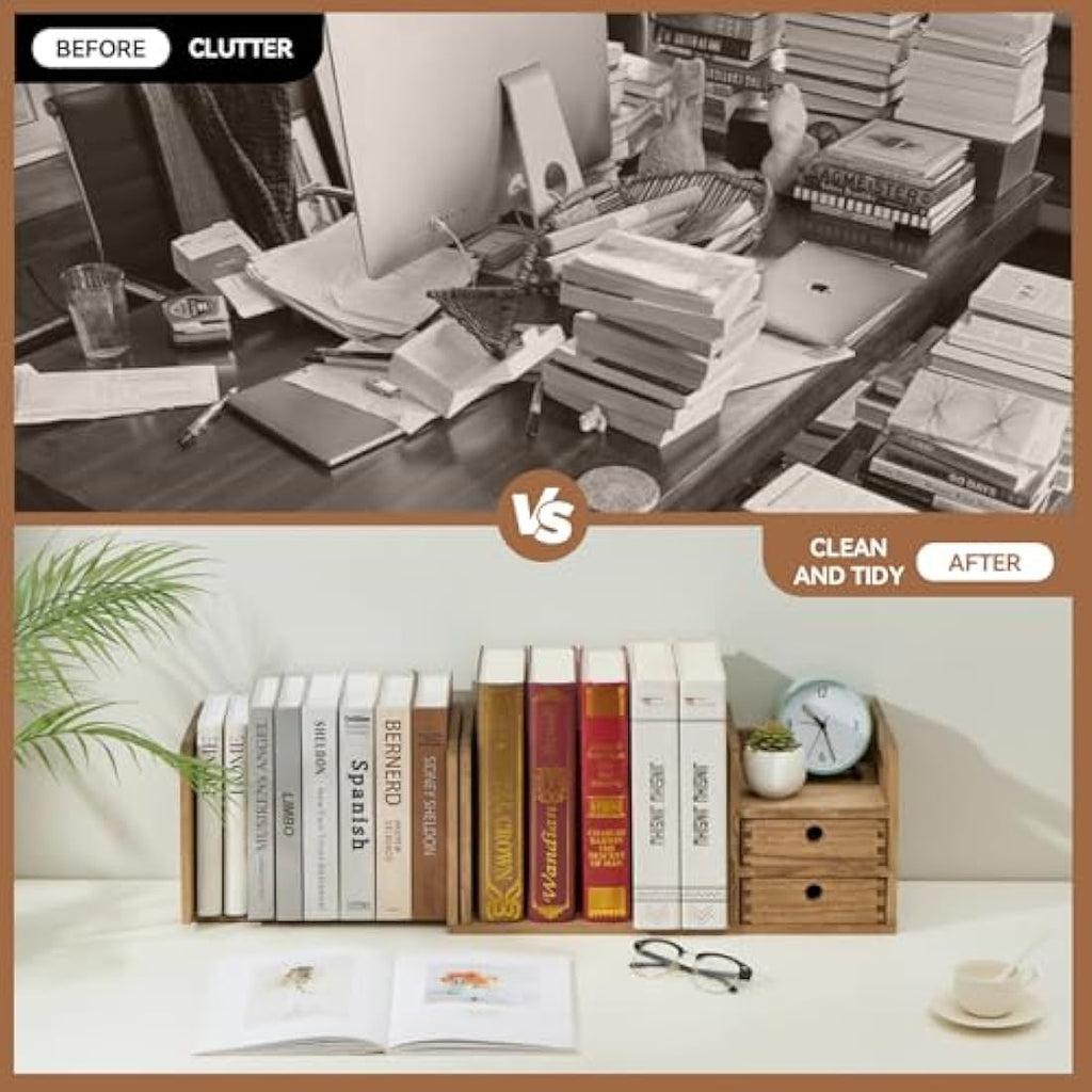 KIRIGEN Expandable Wooden Desktop Bookshelf with 2 Drawers | Solid Wood