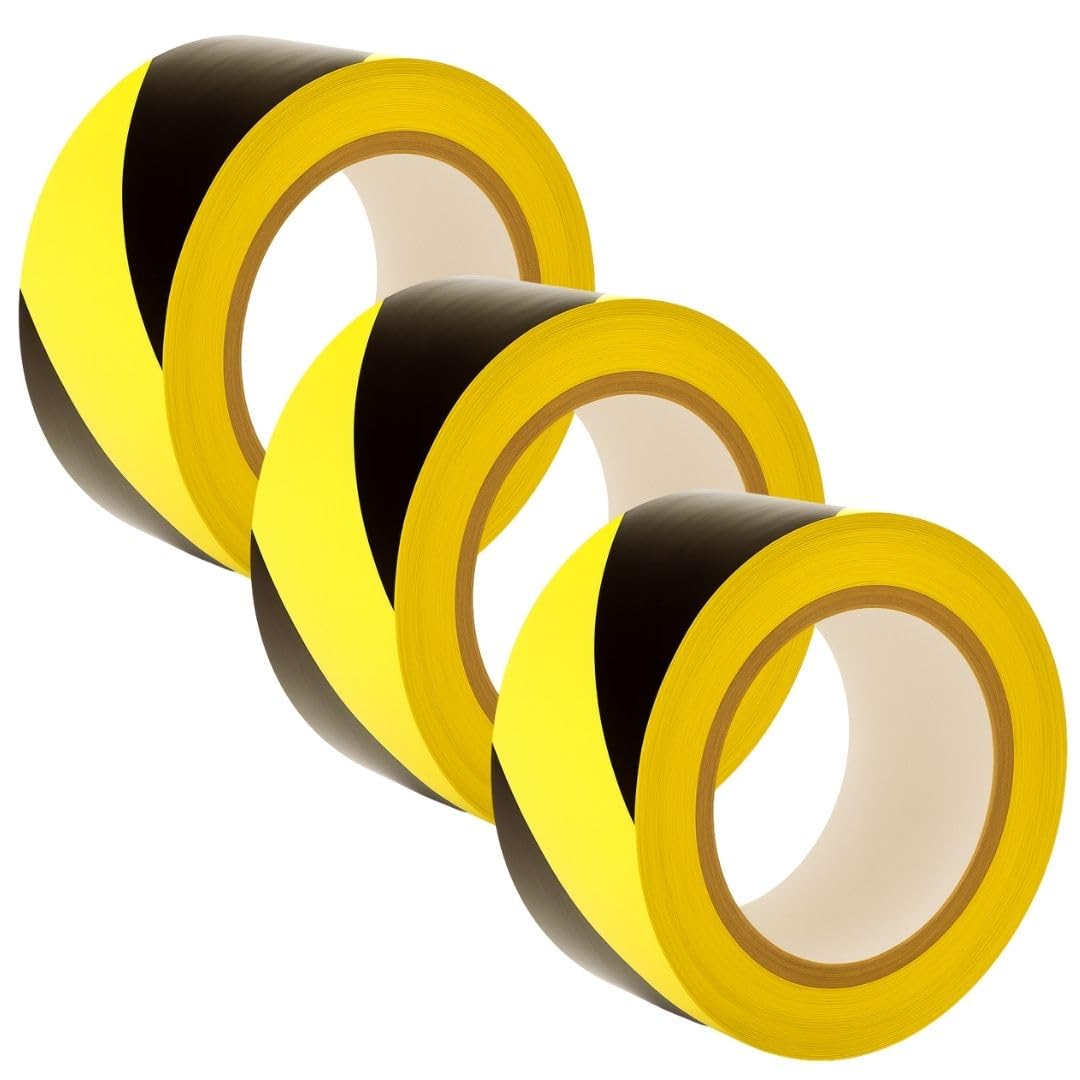 GTSE Black & Yellow Hazard Tape – 50mm x 33m Floor Marking Tape, 3 Rolls