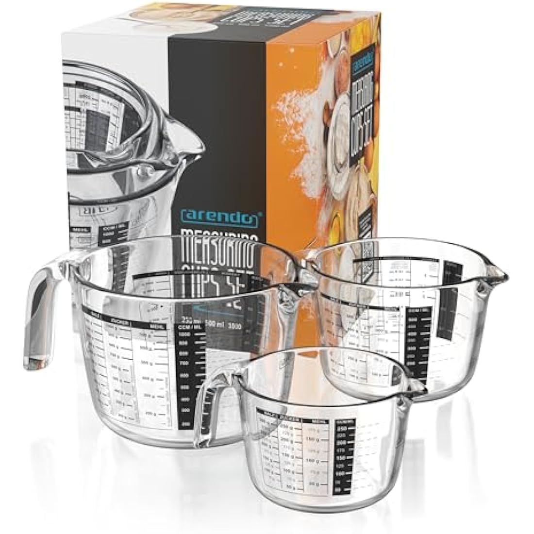 Arendo Borosilicate Glass Measuring Jug Set - 250ml, 500ml, 1000ml