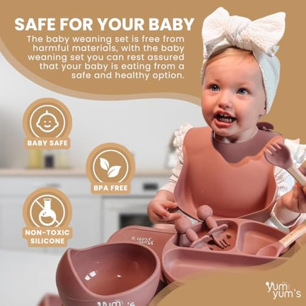 Yum Yum's Baby 10-Piece Silicone Weaning Set | Suction Plate & Bib - Pink