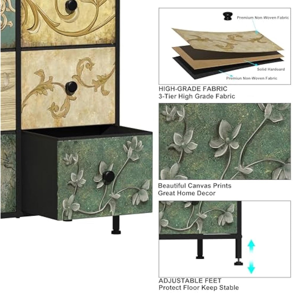 VEDECASA 8 Drawer Tall Dresser – Retro Floral Fabric Storage Chest