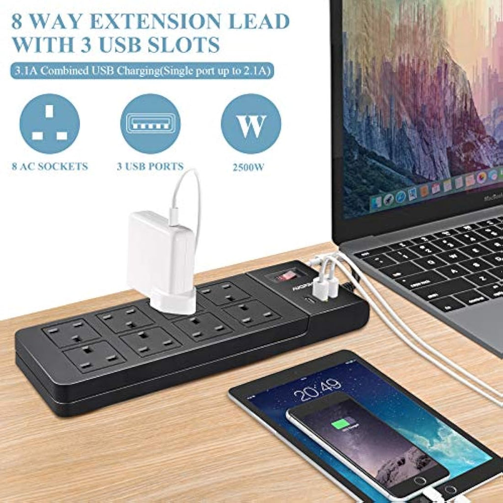 AUOPRO 8-Way Extension Lead with 3 USB Ports | 3M Power Strip, Black