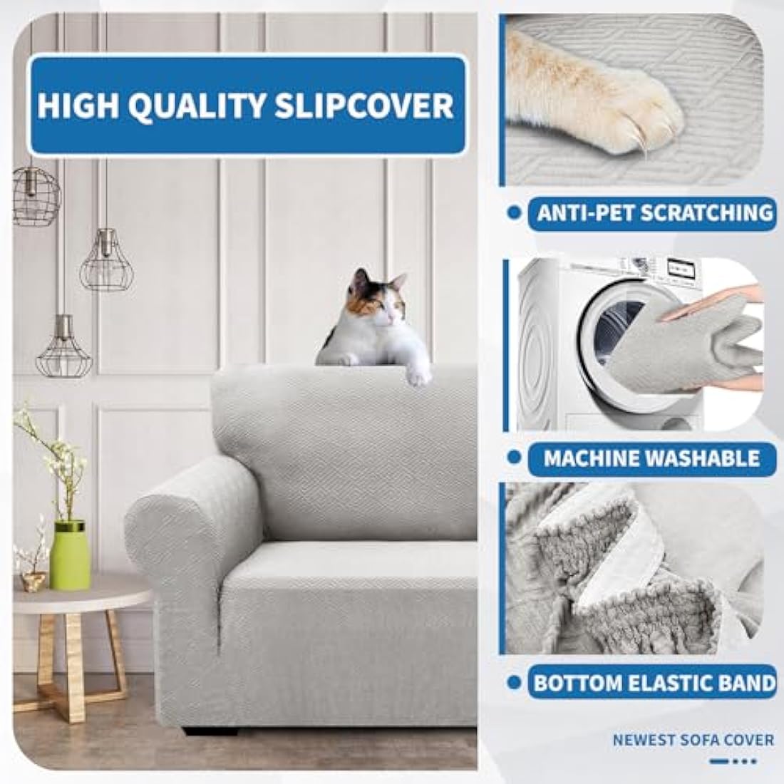 XINEAGE Stretch Sofa Cover | 3 Seater Jacquard Couch Slipcover – Silver Grey