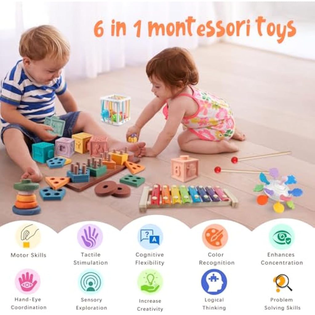 Jolof Store 6-in-1 Montessori Toys | Wooden Stacking & Sensory Activity Set