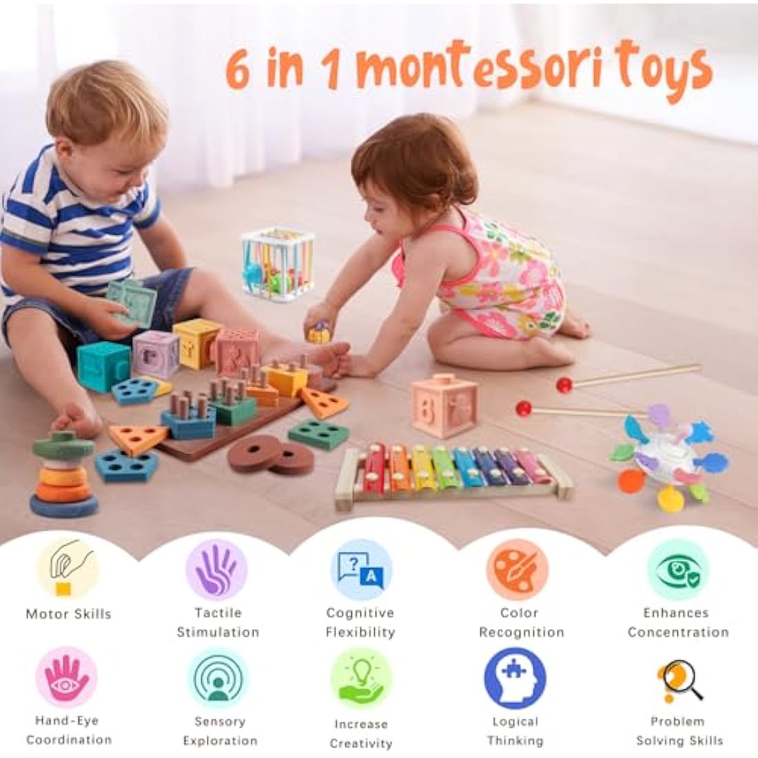 Jolof Store 6-in-1 Montessori Toys | Wooden Stacking & Sensory Activity Set