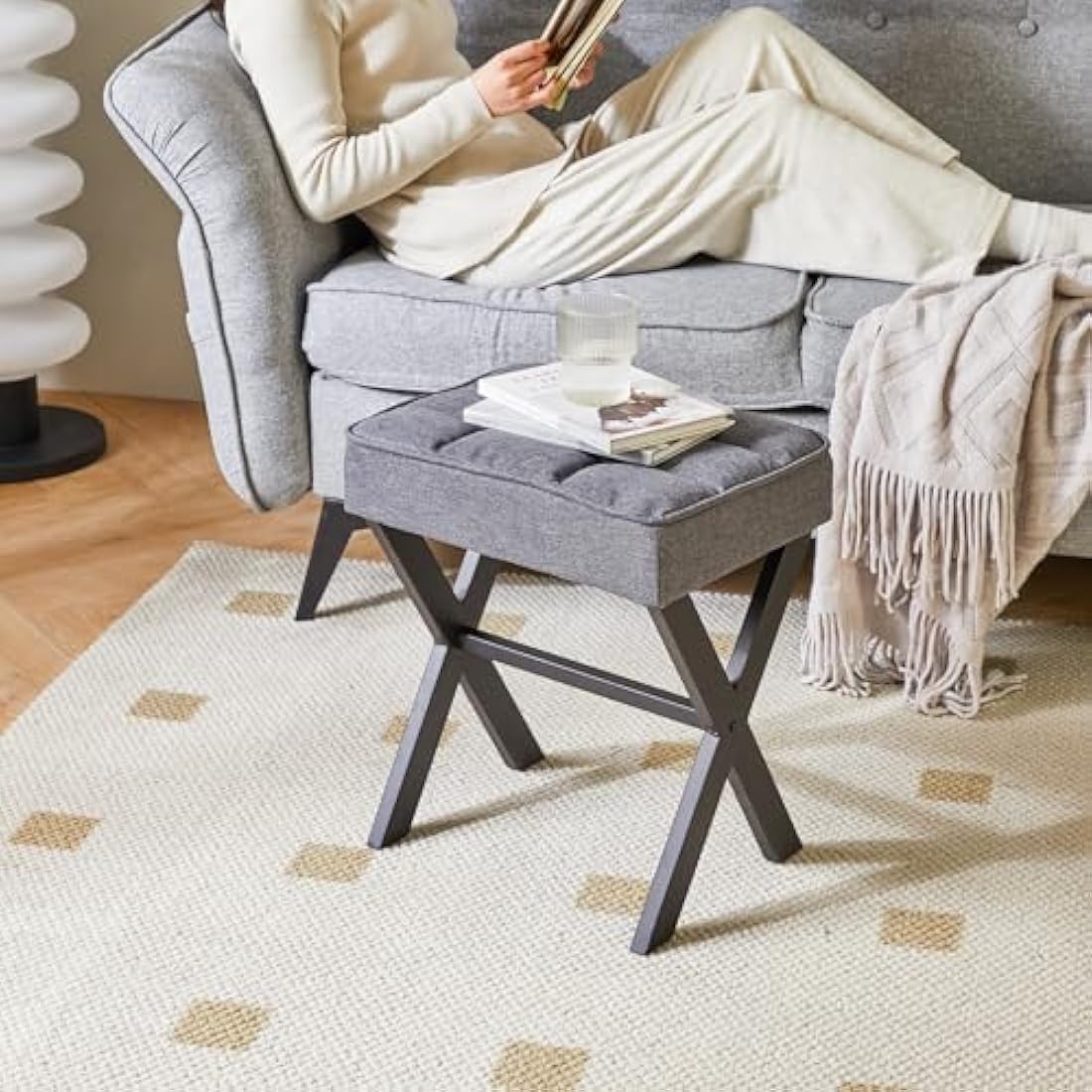 IBUYKE Dark Gray Linen Makeup Stool – Square Vanity Ottoman Footrest