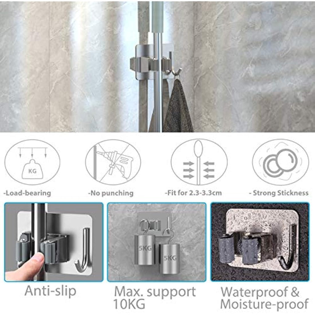 Homeasy Mop and Broom Holder – 4 Pcs Stainless Steel Wall Mounted Hanger