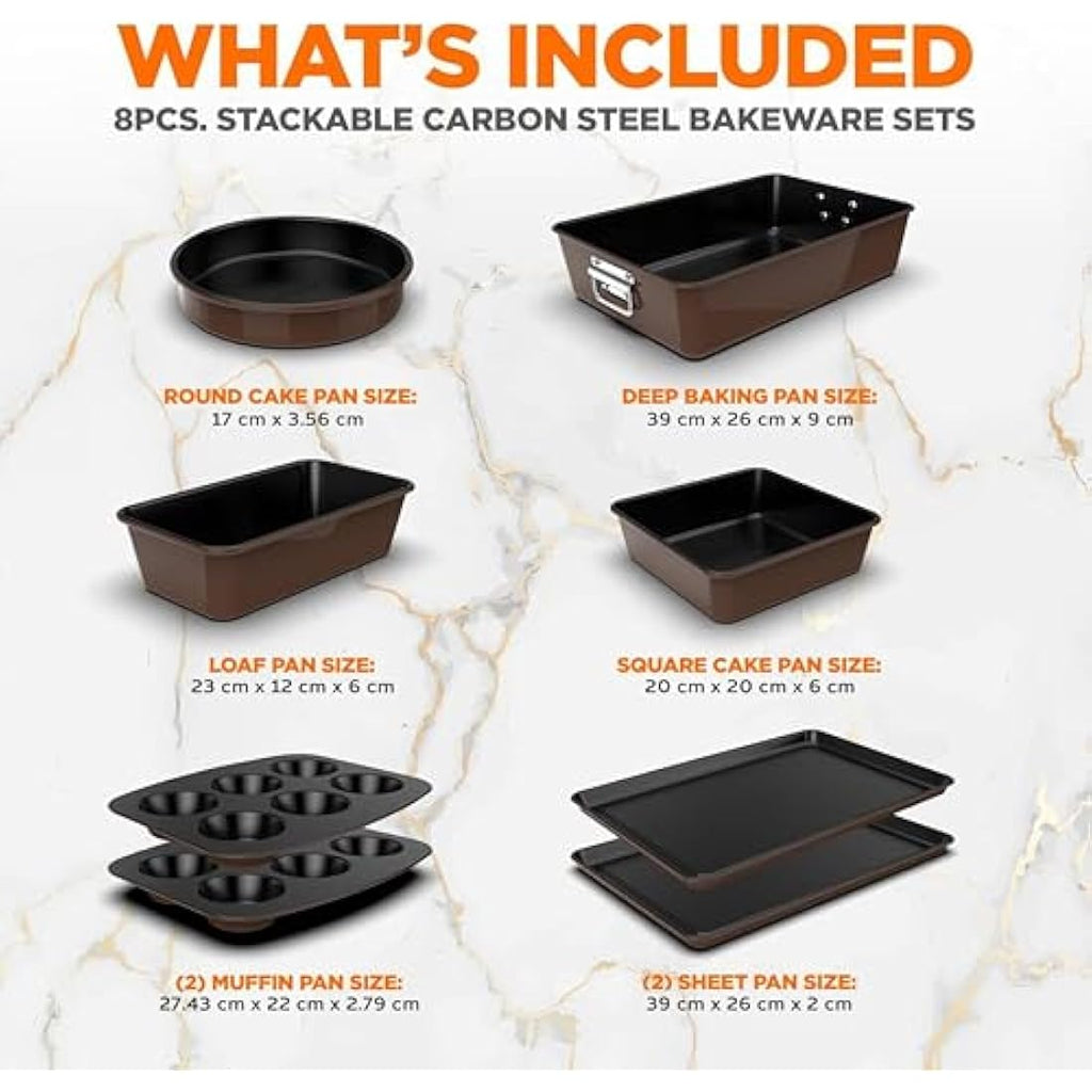 NutriChef 8-Piece Non-Stick Bakeware Set – Stackable Carbon Steel Pans