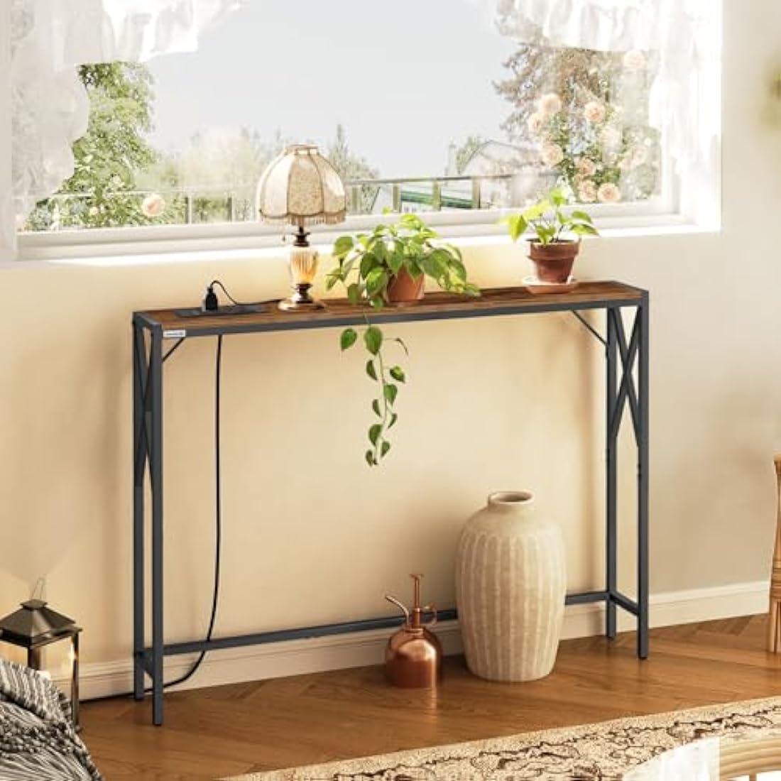 MAHANCRIS 100cm Console Table with Charging Station | Rustic Brown