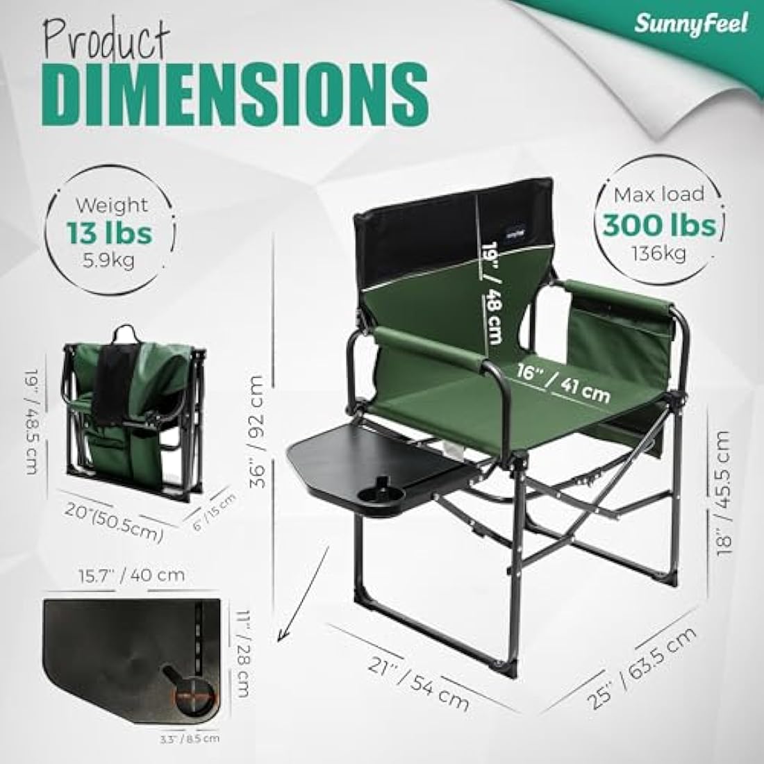 Sunnyfeel Heavy Duty Camping Director Chair with Side Table - Green