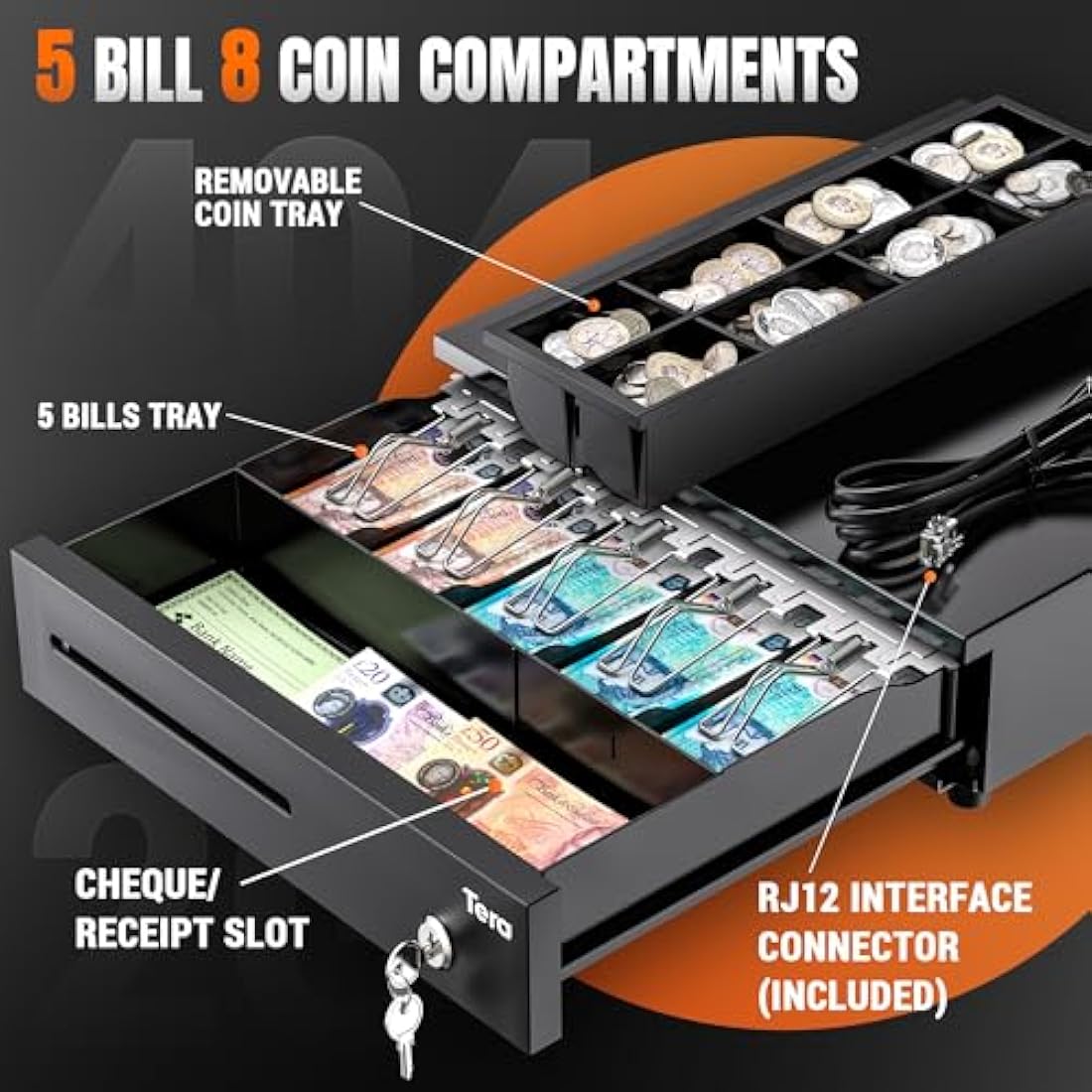 Tera 16" Cash Register Drawer | 5 Bill 8 Coin POS Tray with 6 Keys
