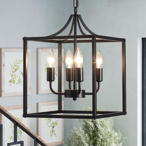 Industrial Black Metal Chandelier – 4-Light Lantern Pendant