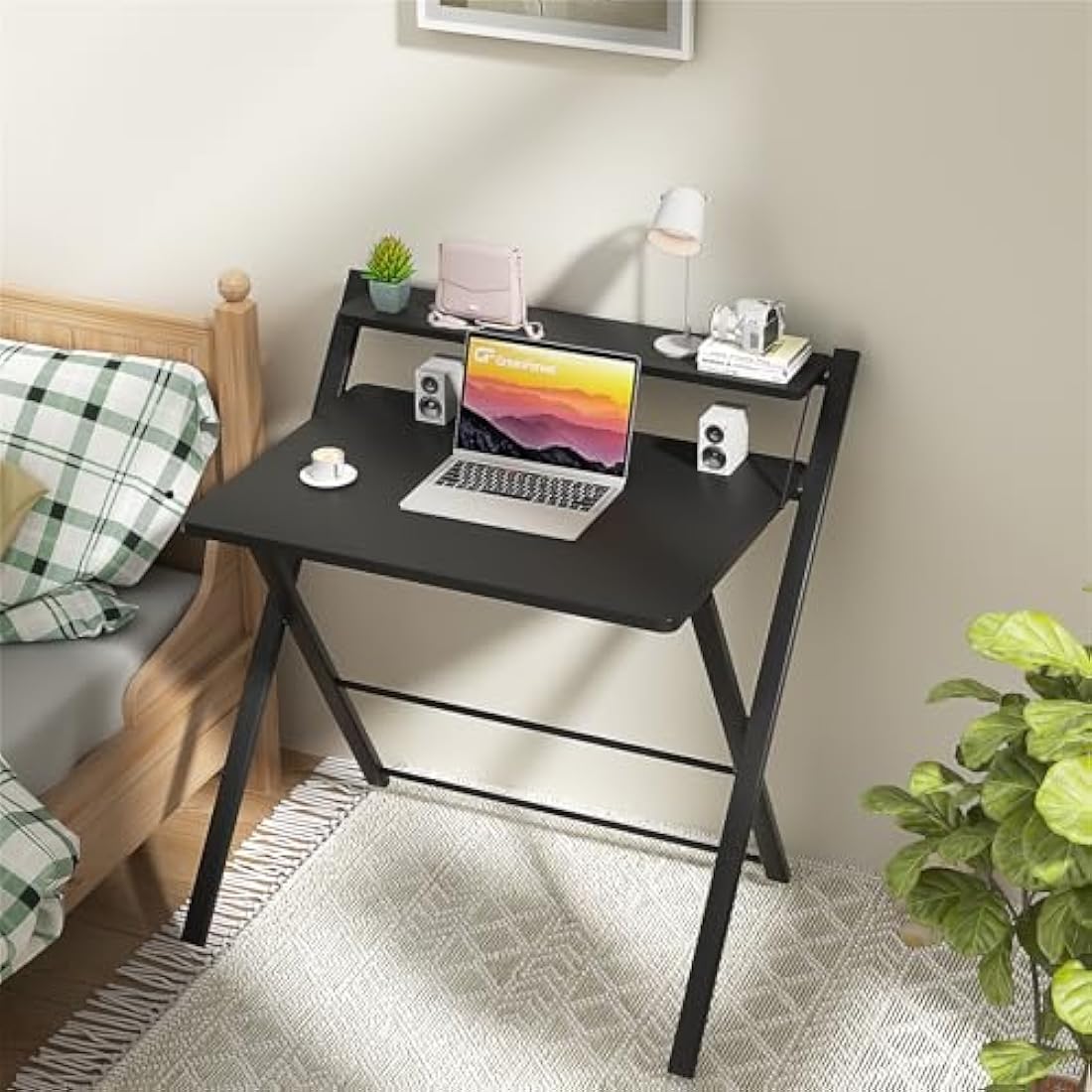 Foldable Computer Desk with Monitor Shelf - Black