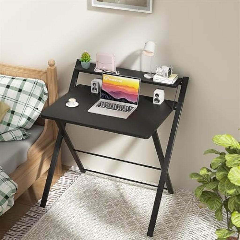GreenForest Folding Computer Desk with Monitor Shelf – Black