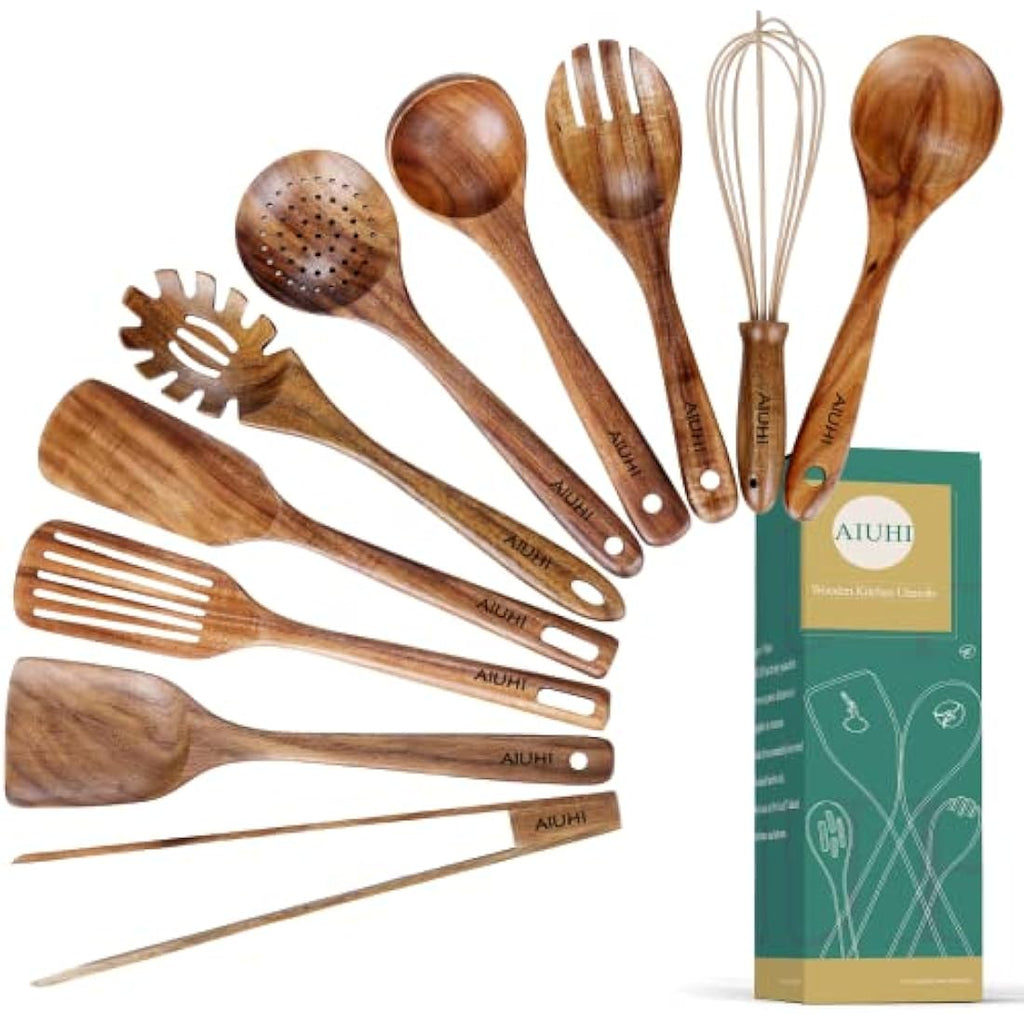 Teak Wood Utensils – 10pc Nonstick Heat Resistant Kitchen Set