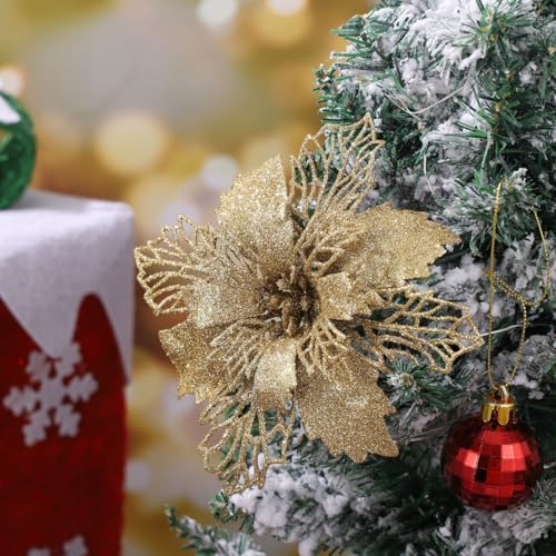 Jolof Store 12pcs Glitter Poinsettia Artificial Christmas Flowers – Gold