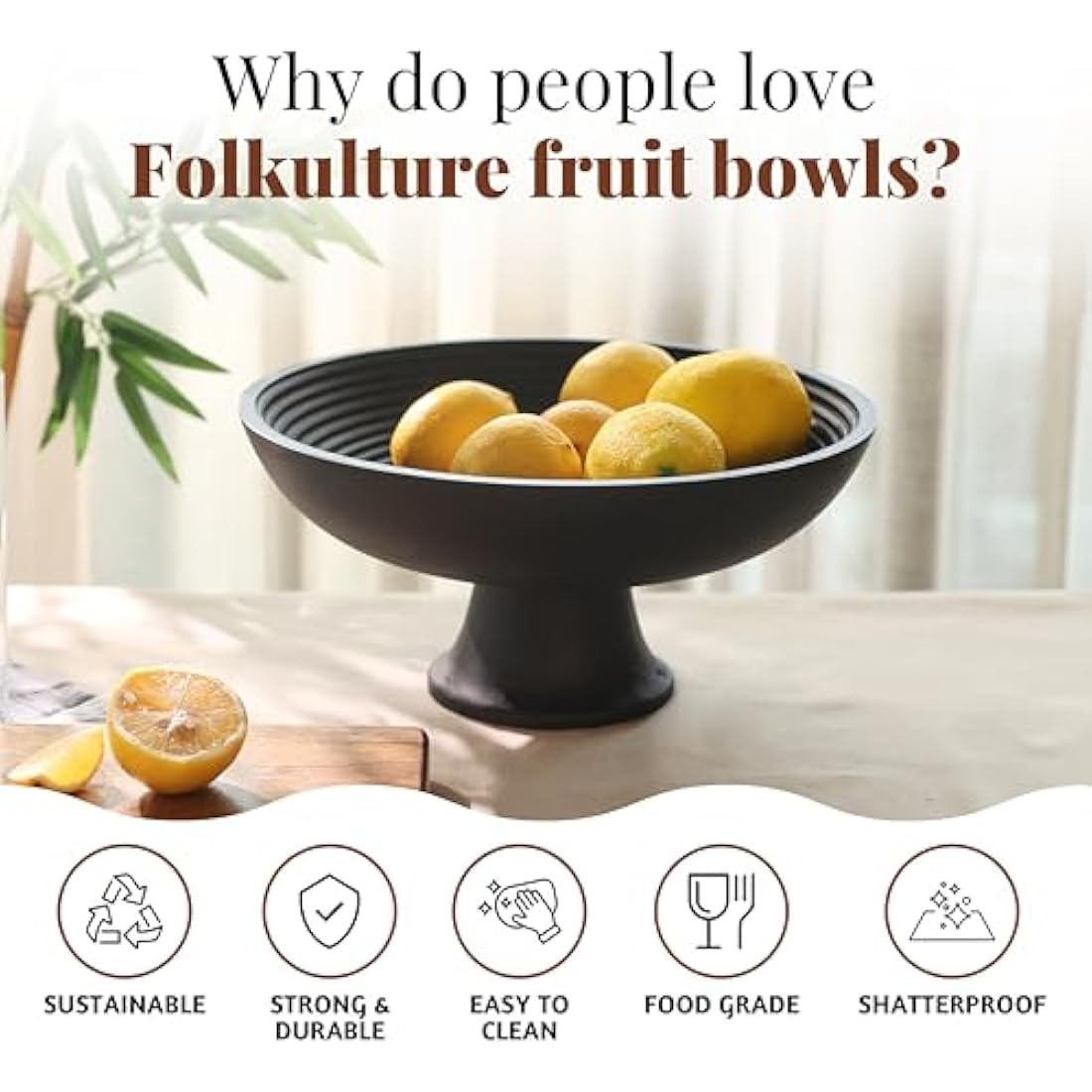 Folkulture 30cm Black Mango Wood Fruit Bowl | Ribbed Decorative Centerpiece