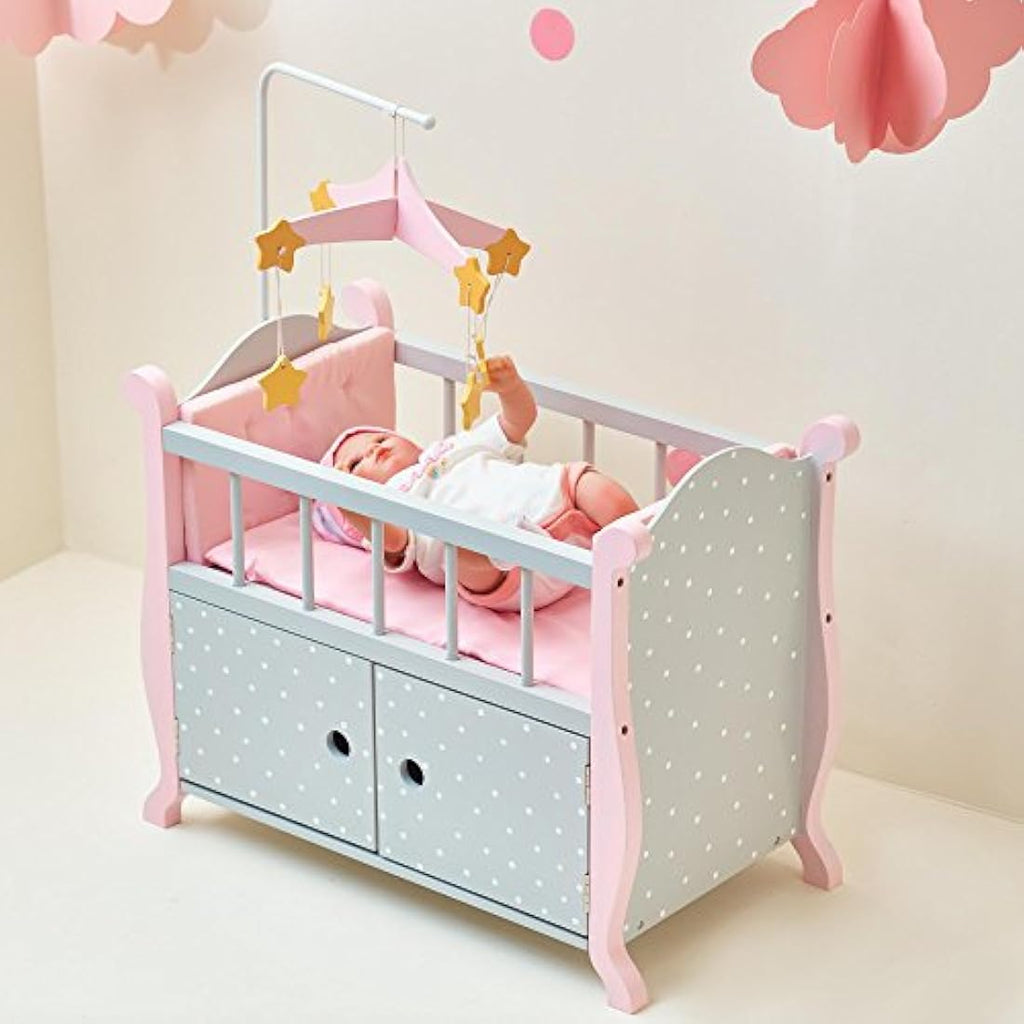 Olivia's Little World Wooden Baby Doll Crib with Storage – Grey/Pink
