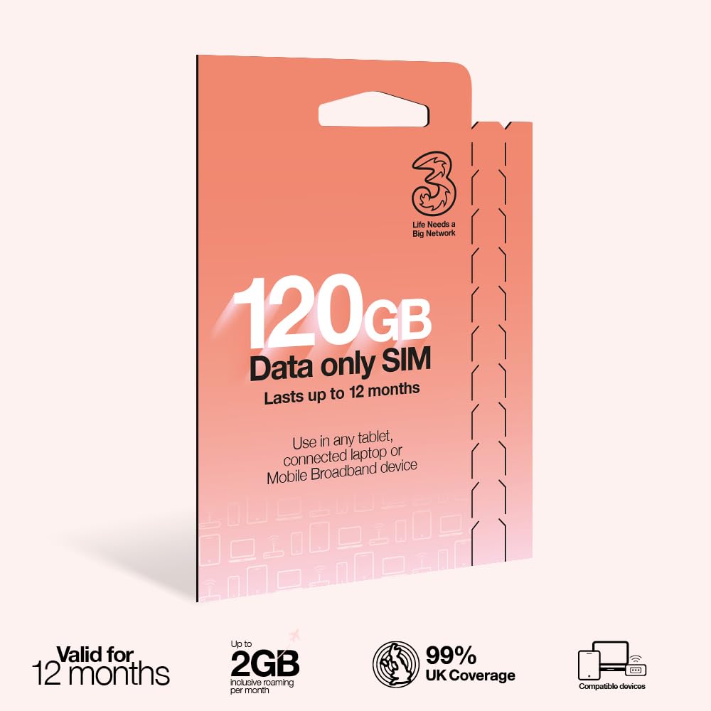 Three PAYG Mobile Broadband SIM | 120GB Data | Valid for 12 Months