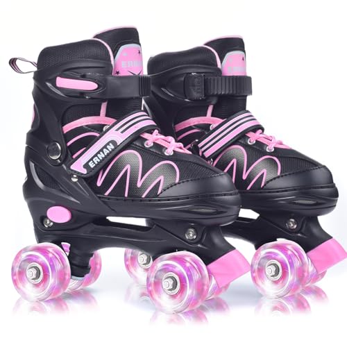 ERNAN Kids Roller Skates | Adjustable 4 Sizes with 8 Light Up Wheels - Pink