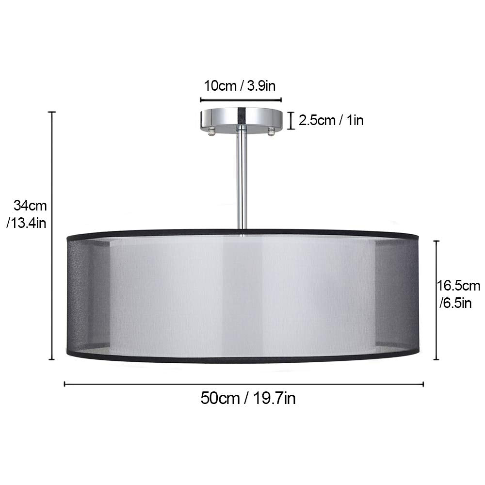SPARKSOR Modern 2-Tier Black Fabric Drum Pendant Light – 50cm Ceiling Lamp