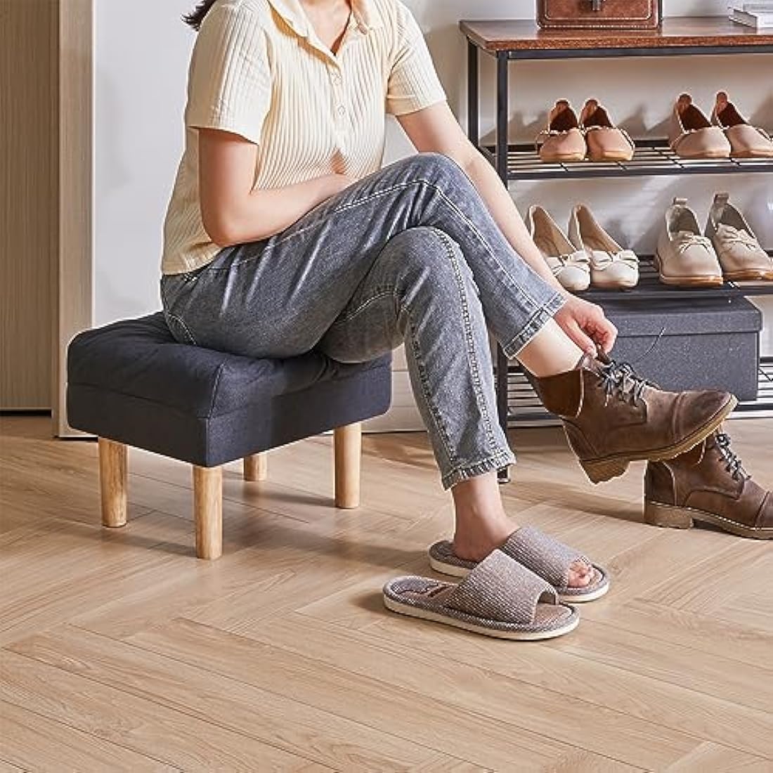 Small Ottoman Footstool – Padded Wooden Stool, Dark Grey