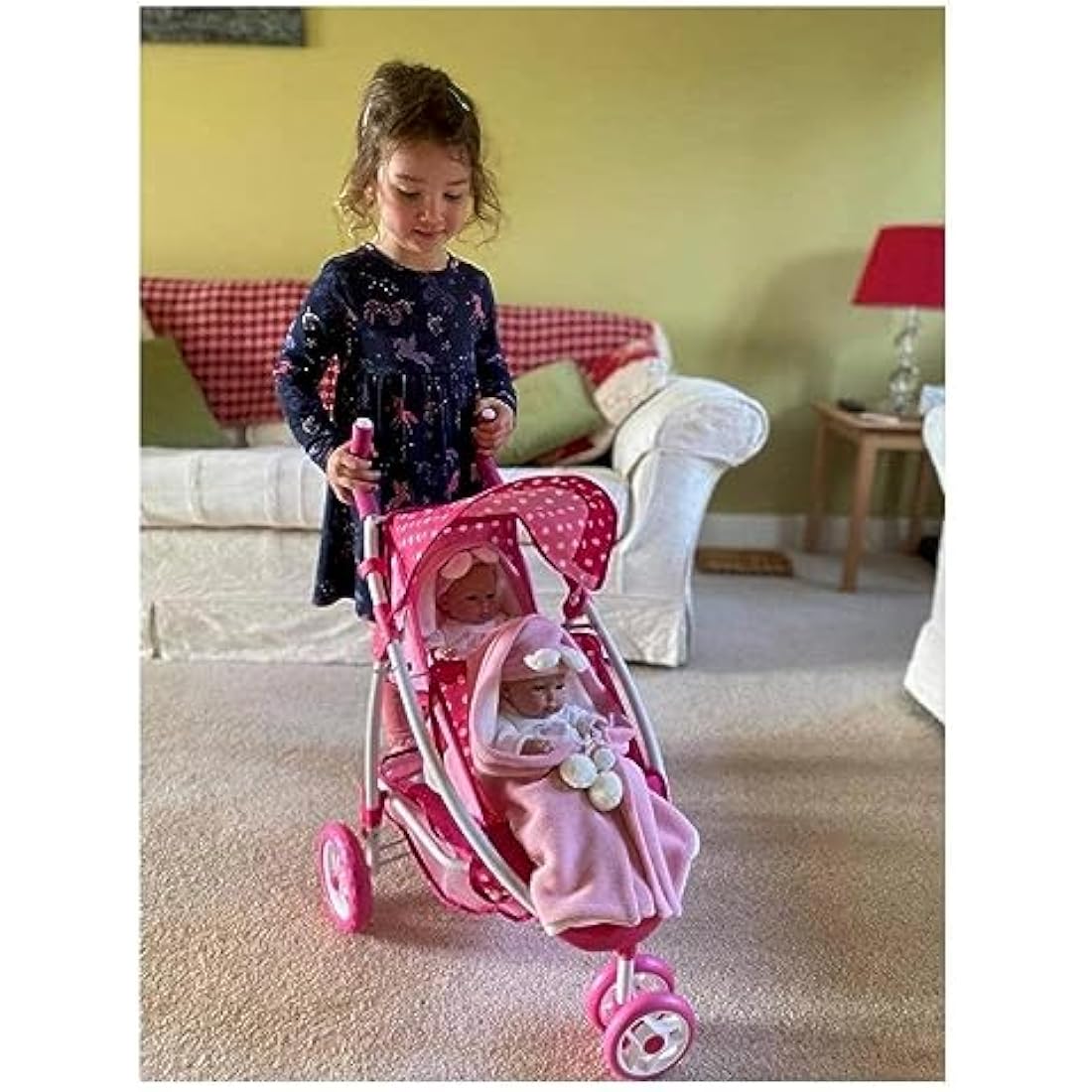 Roma Dotty Dolls Double Pram – Twin Toy Pushchair with Basket