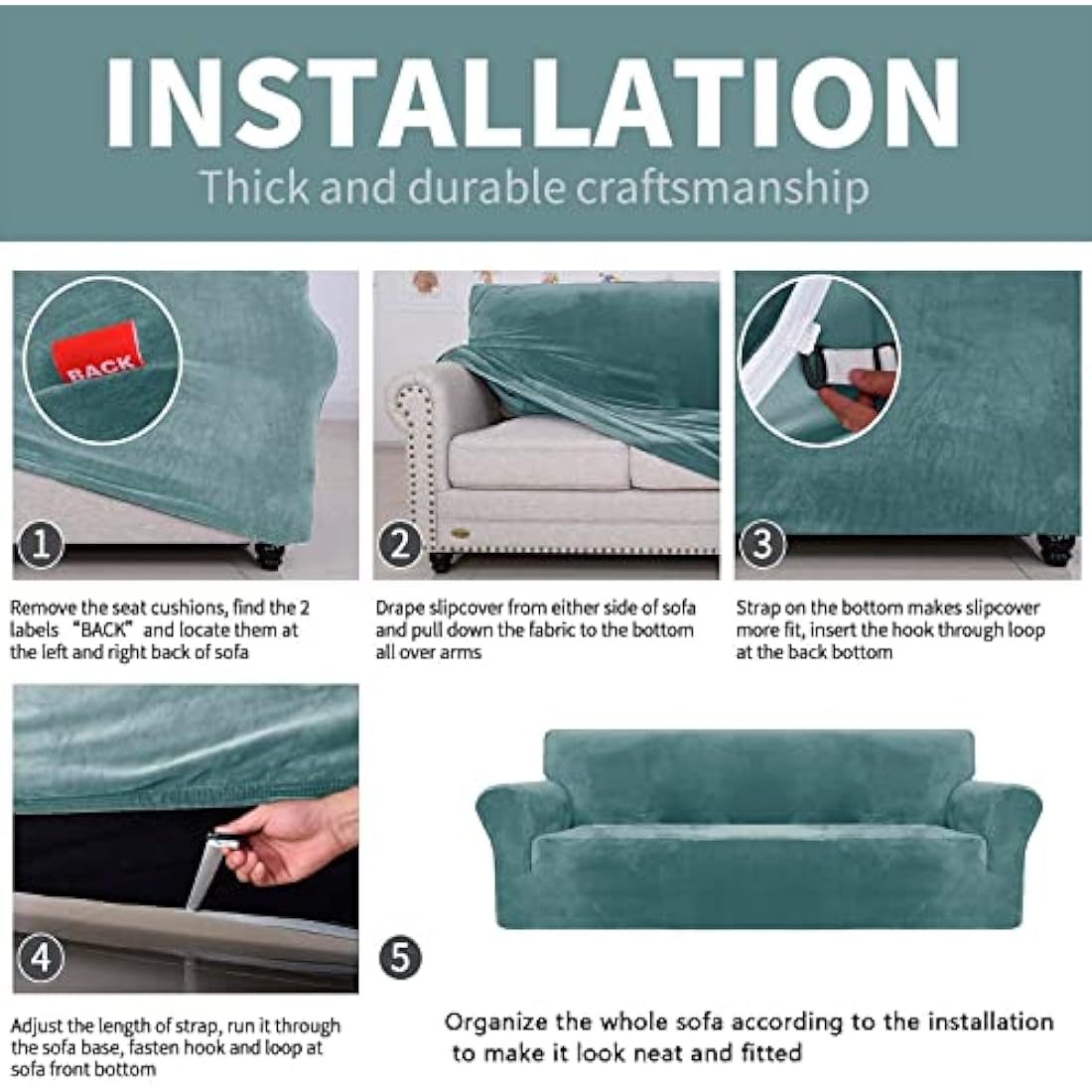 XINEAGE Velvet Sofa Cover – 3 Seater Stretch Couch Slipcover, Stone Blue