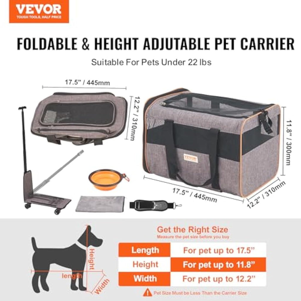 VEVOR Rolling Cat Carrier - Airline Approved Wheeled Pet Bag, Grey