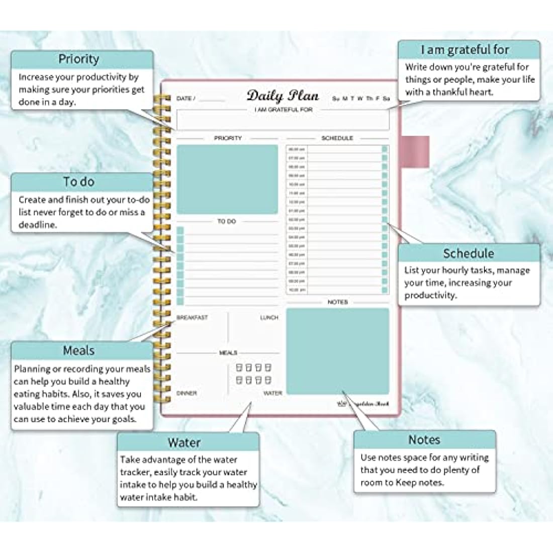 Regolden-Book Undated Daily Planner & To Do List Notebook, 7x10, Pink