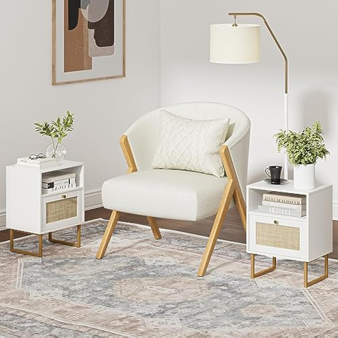 HEYZOEY Rattan Bedside Table – White & Gold Boho Nightstand with Drawer