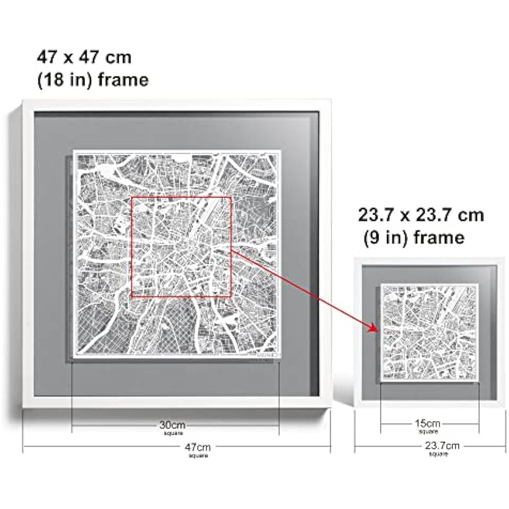 O3 Design Studio Munich Paper Map Art - White Frame Wall Decor, 9x9
