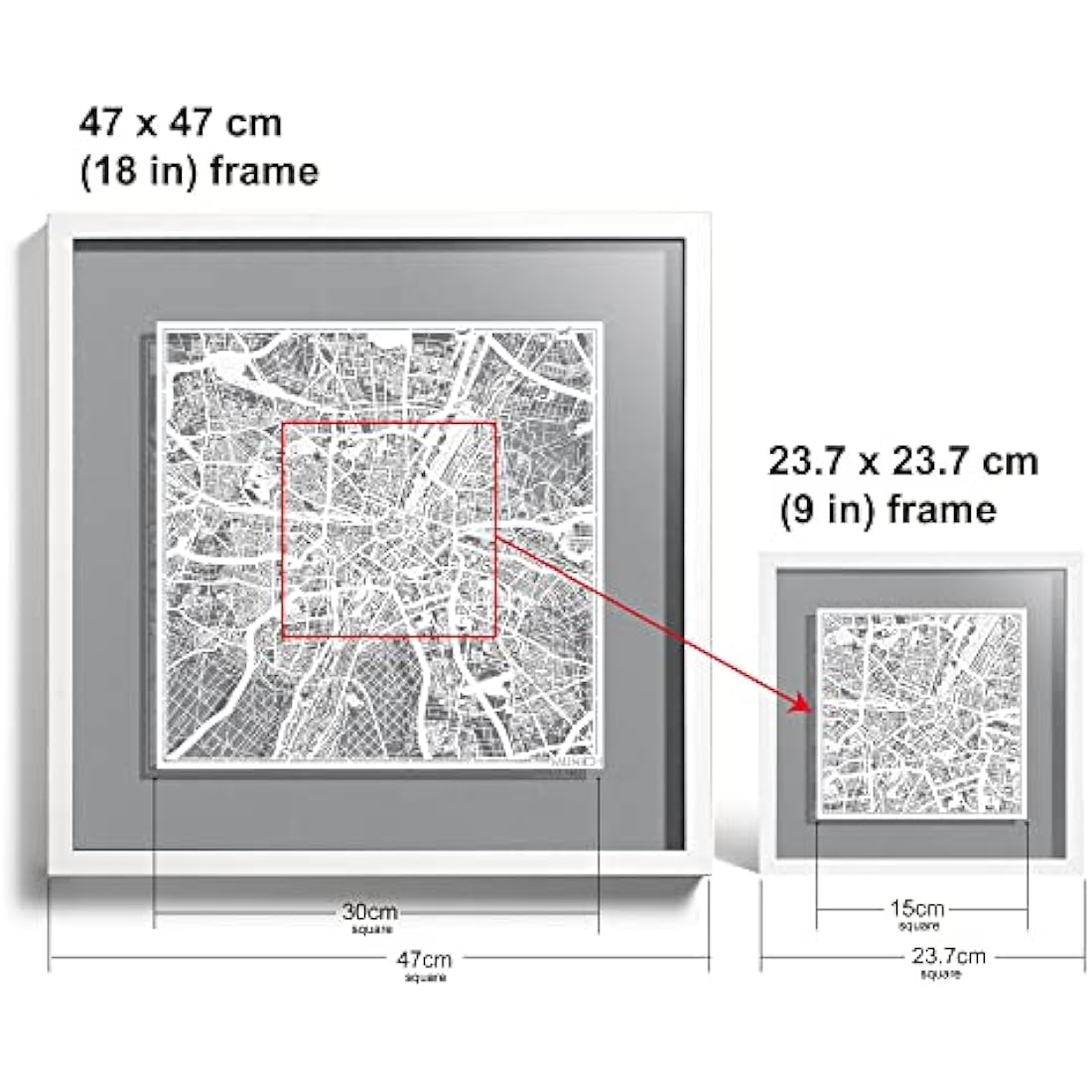 O3 Design Studio Munich Paper Map Art - White Frame Wall Decor, 9x9