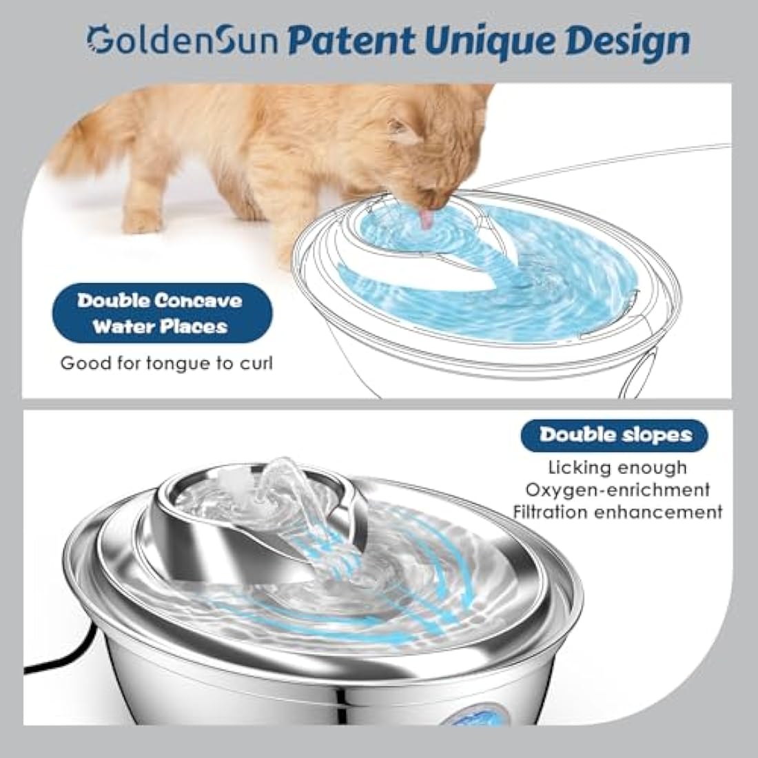 GoldenSun Stainless Steel Cat Water Fountain | 2L Quiet Automatic Pet Bowl