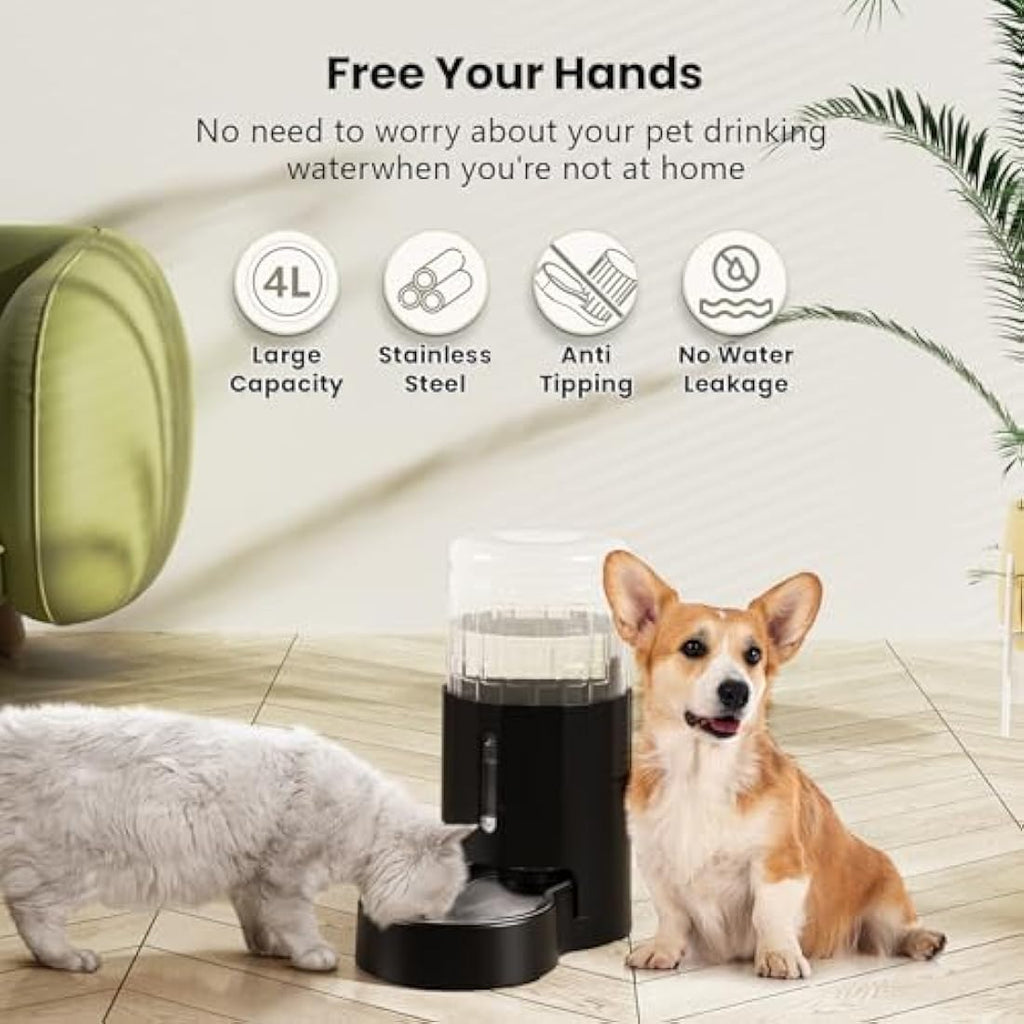 JUNSPOW 4L Automatic Gravity Pet Water Dispenser with Stainless Steel Bowl