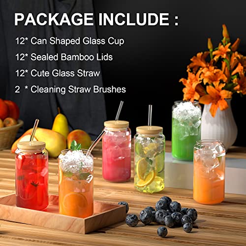 Finew 12-Pack Can Shaped Glass Cups with Bamboo Lids and Straws, 16oz