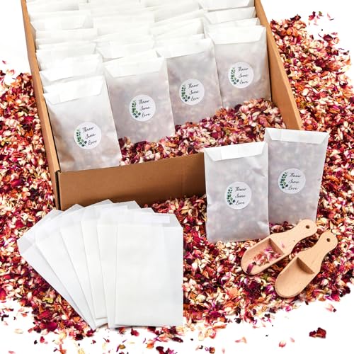 Tenare Wedding Confetti Kit | 100 Sets Dried Rose Petals & Glassine Bags